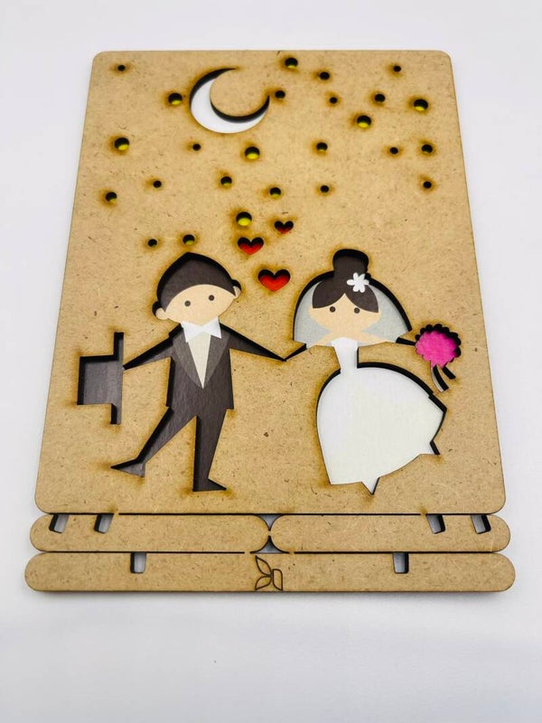 Wenskaart hout Komoni Amsterdam 'Bruidspaar'
