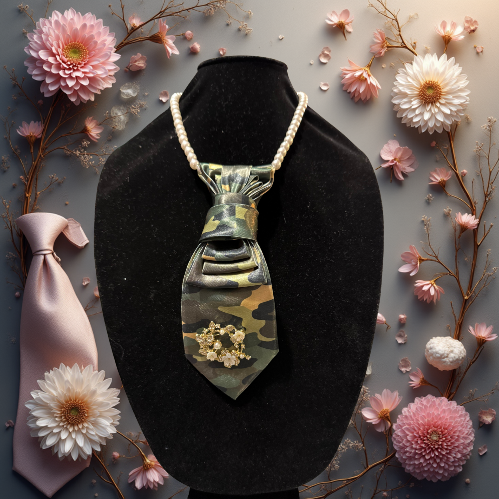 Camo Necktie with Brooch