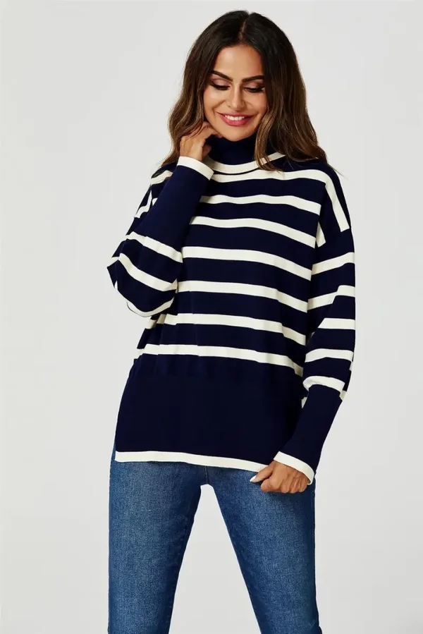 FS-Trui met coltrui met strepenpatroon in marineblauw