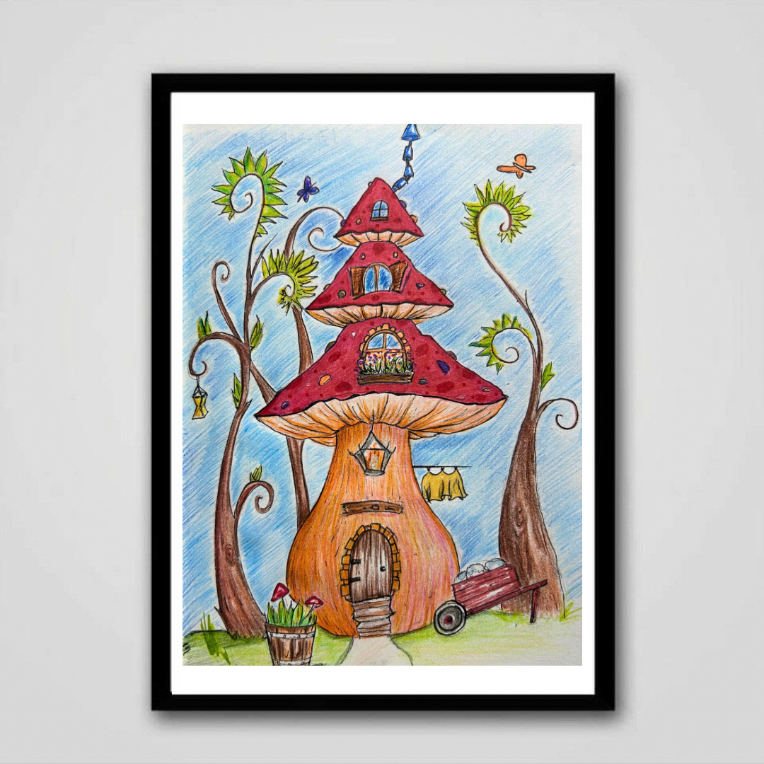 Red Mushroom Cottage – Original Ink & Marker Illustration | Mini Worlds Series