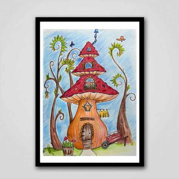 “The Red Mushroom House – Whimsical Ink & Color Sketch”