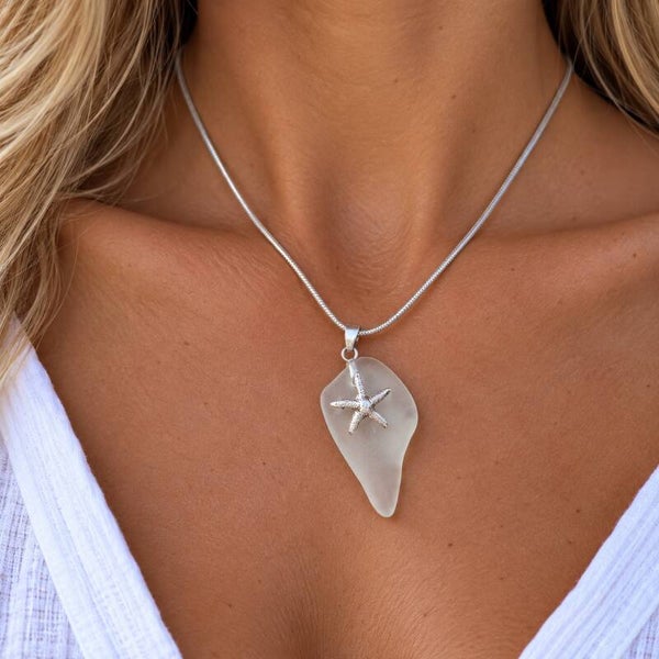 Zilveren ketting met wit zeeglas en zeester - (1)