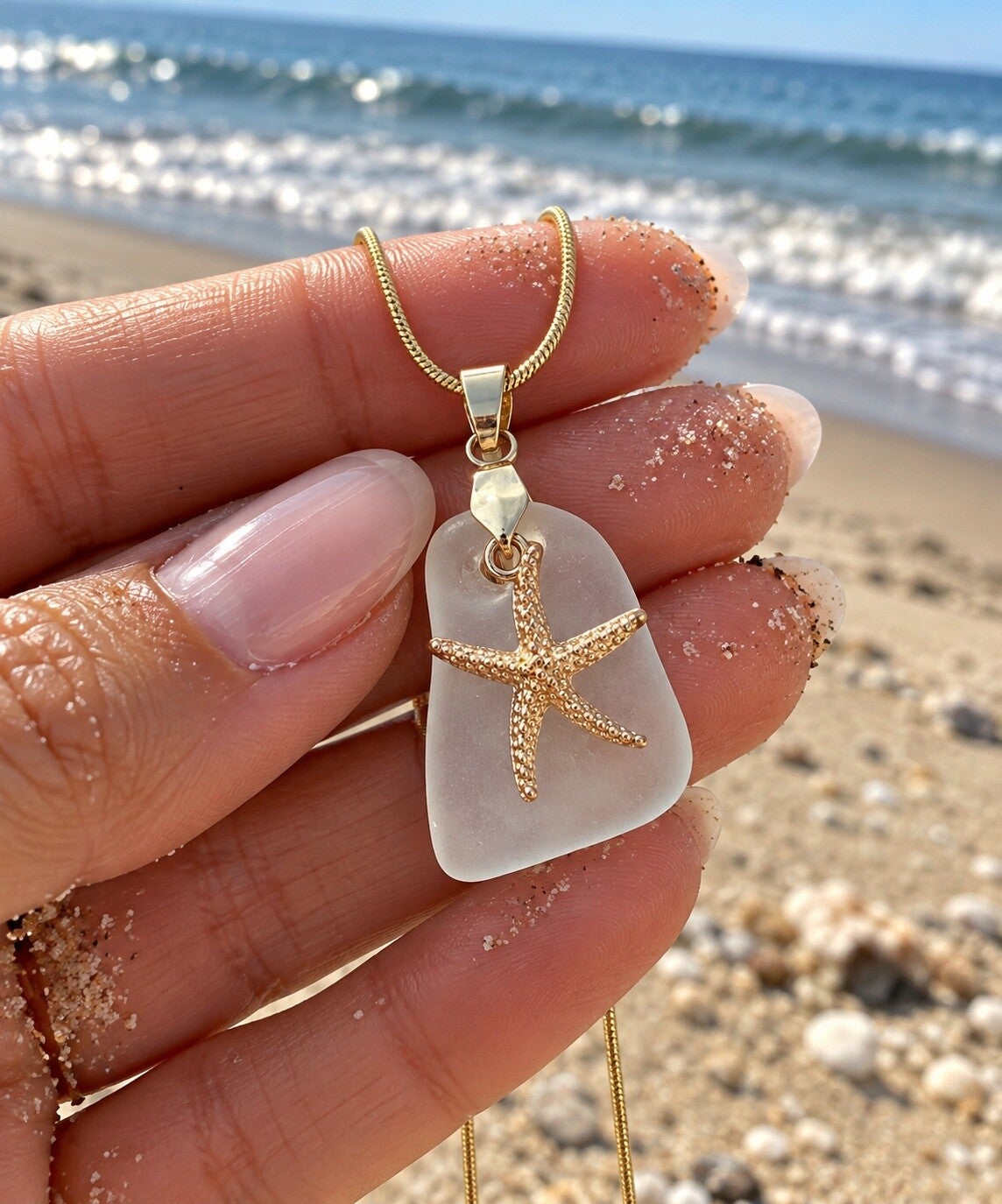Goudkleurige ketting met wit zeeglas en gouden zeester bedel (18)