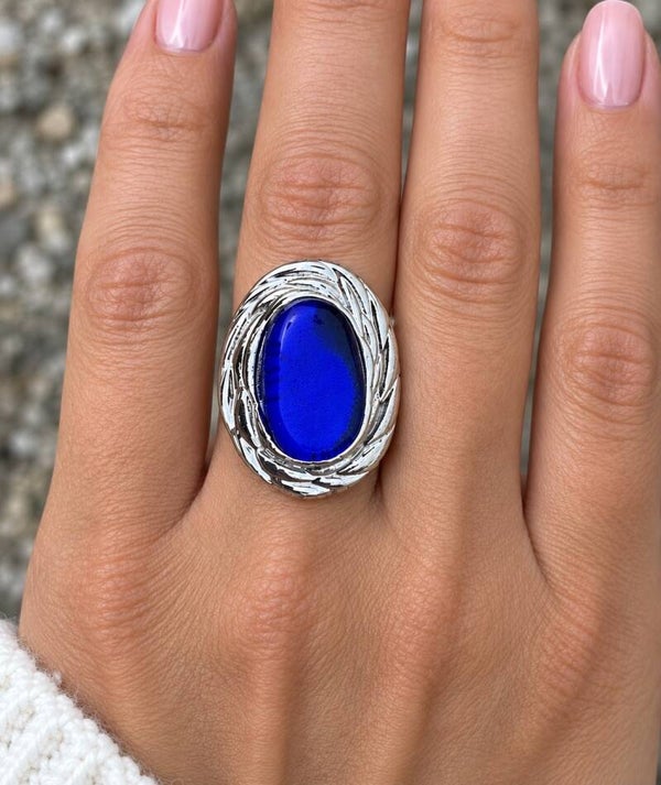 Zilveren ring met blauw zeeglas (42)