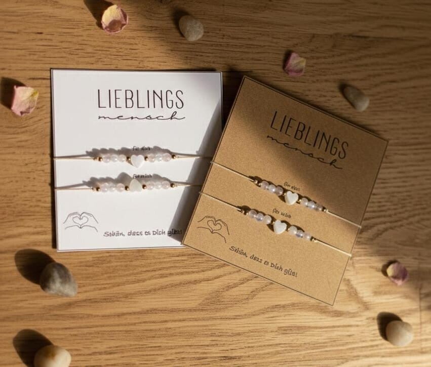 ALieblingsmensch Armband 2er Set aus Rosenquarz & Mondstein – Partnerarmbänder mit Herz – Edelstein Freundschaftsarmband – Geschenk für Fraue