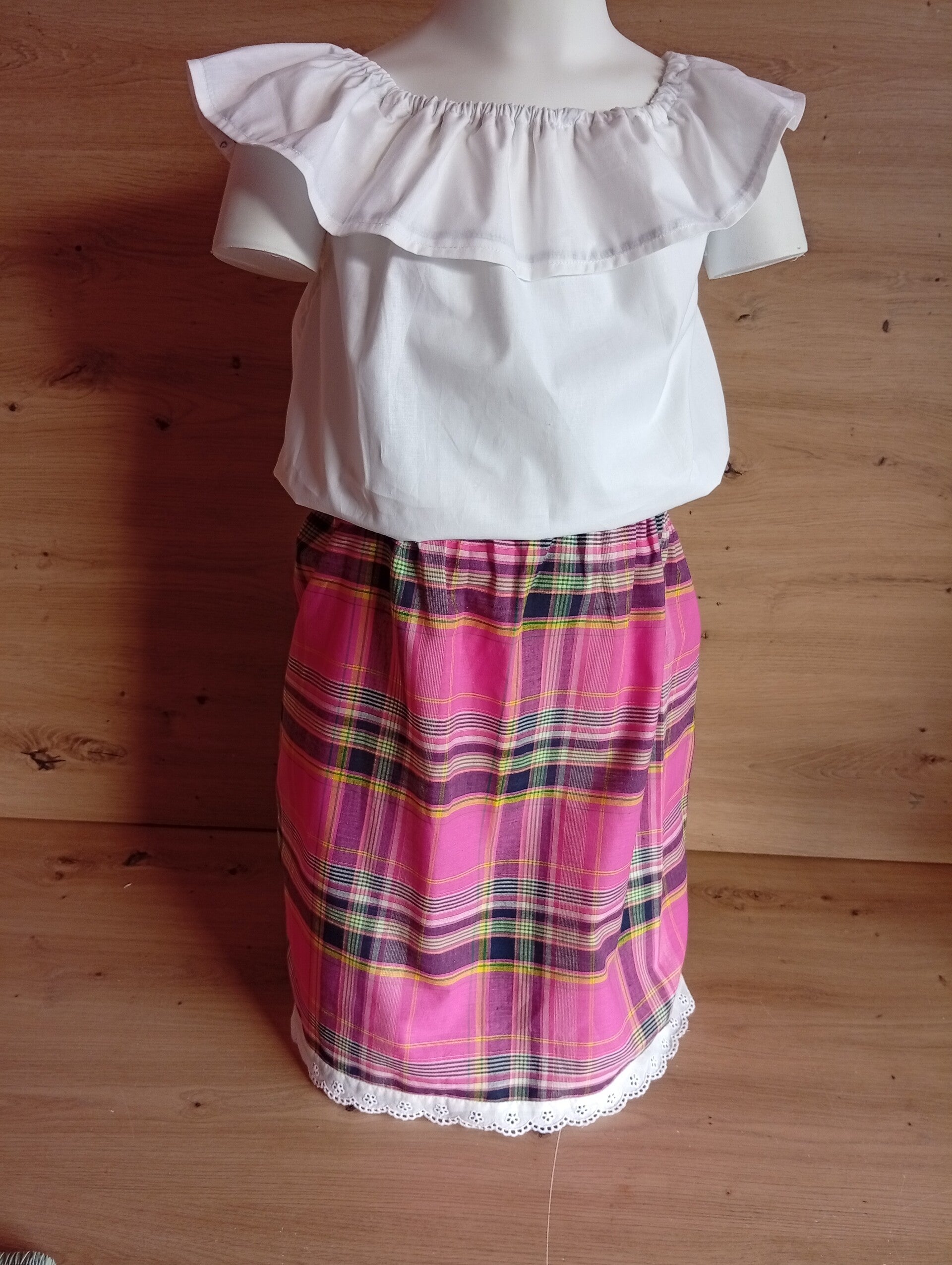 Jupe longue en madras rose