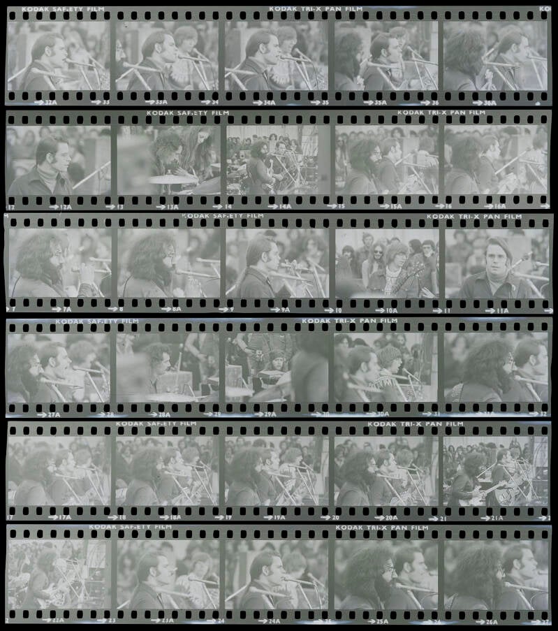 Six original 35mm negative film strips, each 7.5 x 1.25, containing a total of 30 concert images of the Grateful Dead performing live on stage at the Bickershaw Festival in Wigan, England, on May 7, 1972