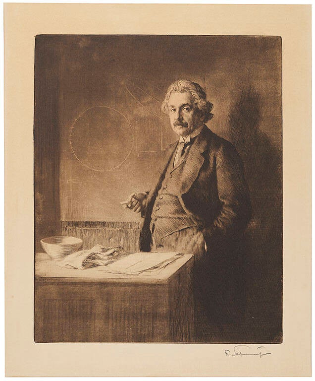 Extraordinary 14 x 17 etching of Albert Einstein lecturing at his blackboard, chalk in hand, signed in the lower border in pencil by the artist, "F. Schmutzer."