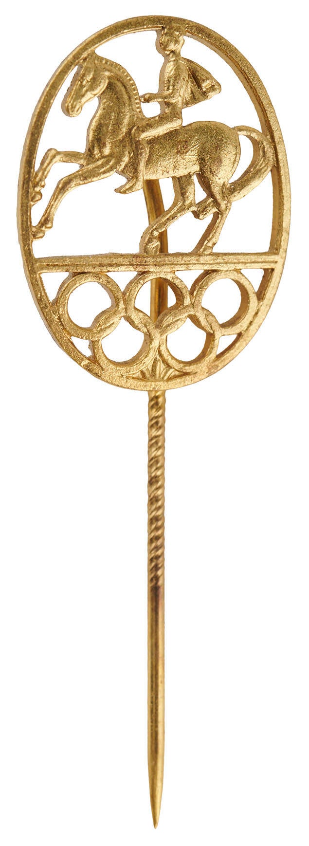 Visitor’s stickpin for the equestrian events held in Stockholm during the 1956 Summer Olympics. Gold-plated.