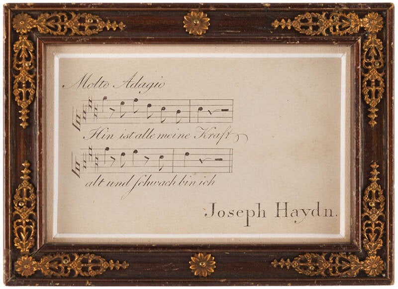 Engraved visiting card of Franz Joseph Haydn, 3.25 x 2, imprinted with four bars of "Molto Adagio" music and lyrics