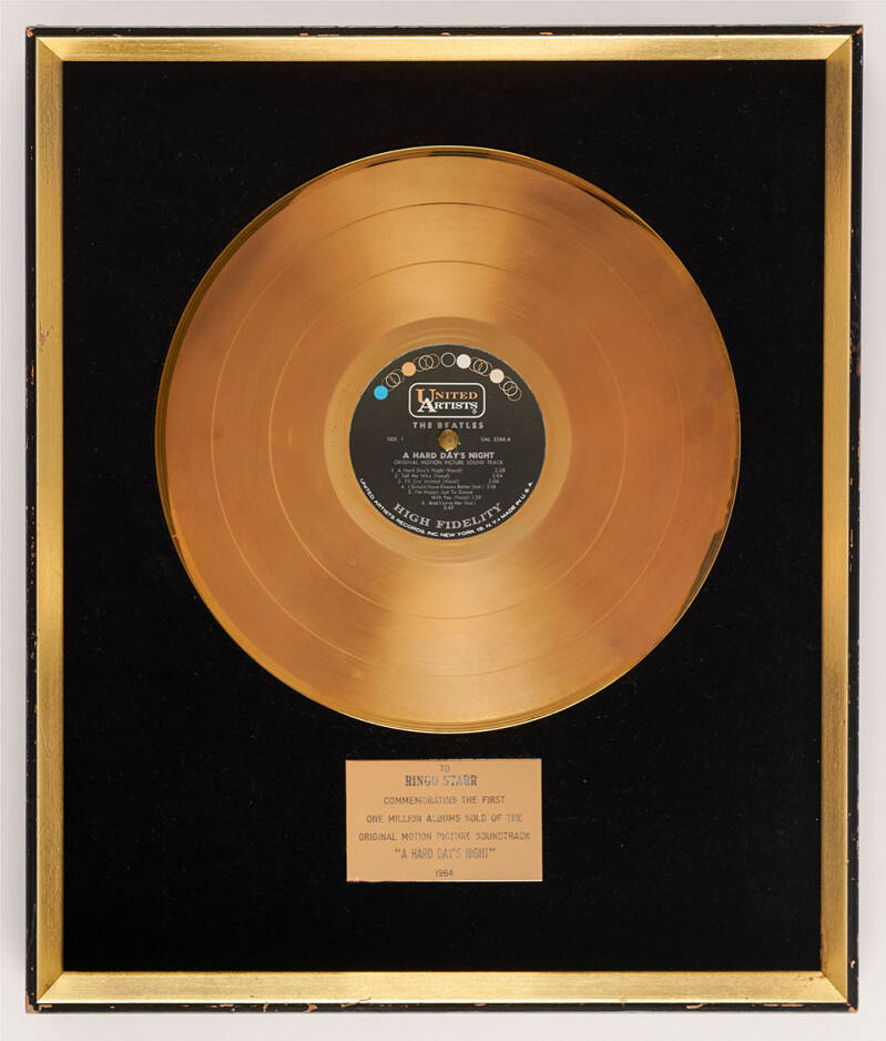 Original United Artists in-house gold record award, presented to "Ringo Starr, commemorating the first one million albums sold of the original motion picture soundtrack 'A Hard Day's Night,' 1964