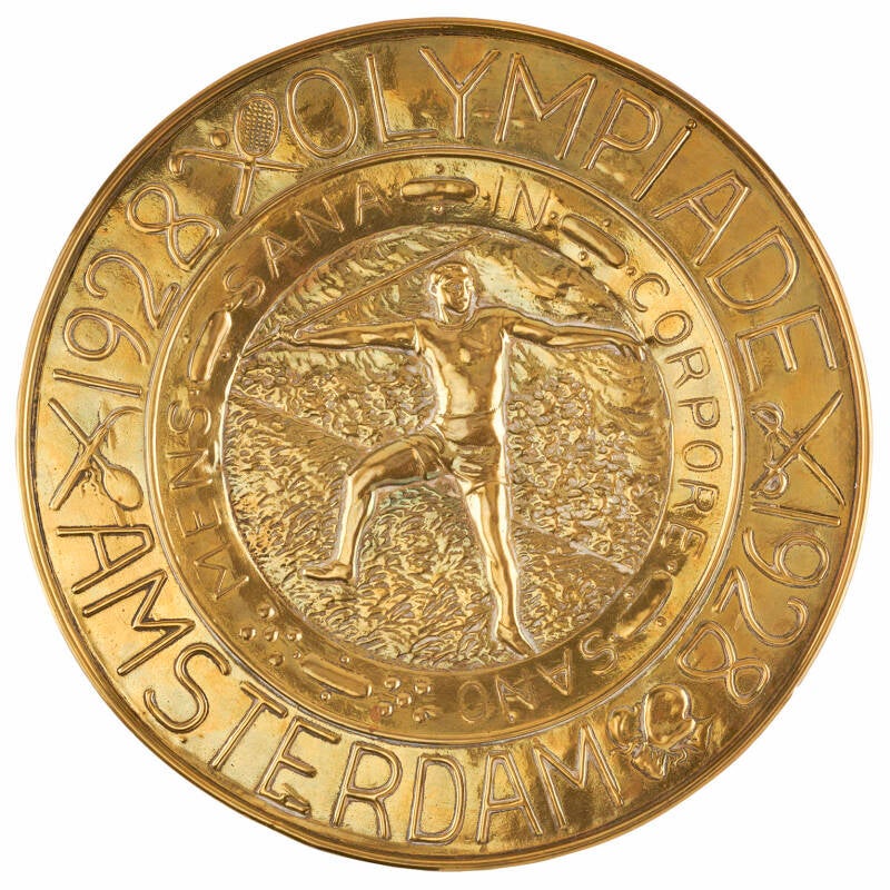 Commemorative brass hanging wall plate from the Amsterdam 1928 Summer Olympics