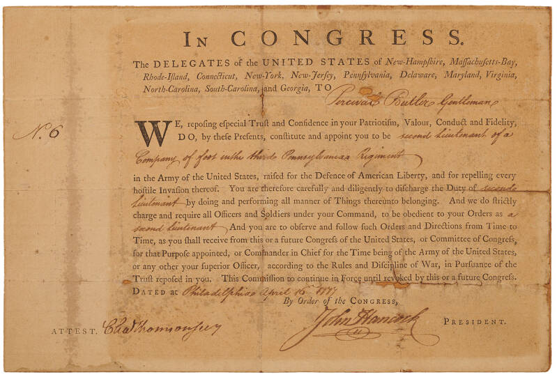 John Hancock Revolutionary War-Dated Document Signed, Appointing a Second Lieutenant in the Continental Army