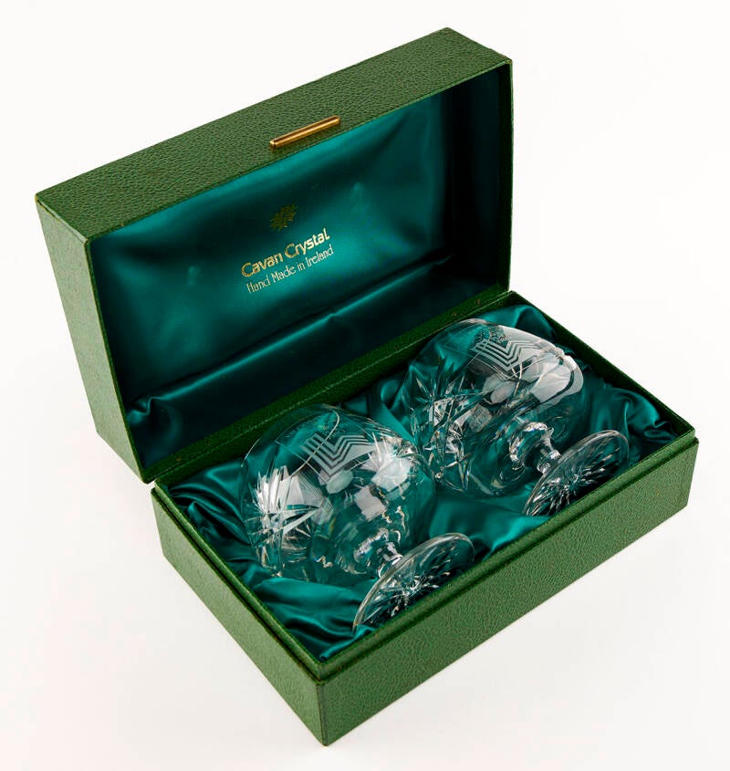 Two Cavan Crystal snifter goblets etched with the Lake Placid Games emblem from the 1980 Lake Placid Olympics