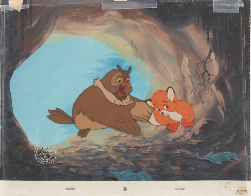 (Walt Disney Studios, 1981) Original production cels and preliminary production background featuring from The Fox and the Hound