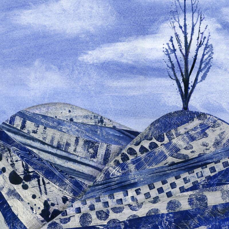 An artwork of hills and a bare tree