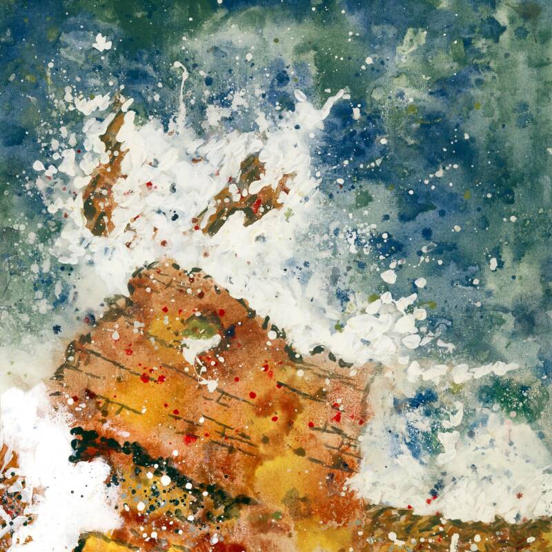 An artwork of waves crashing on rocks