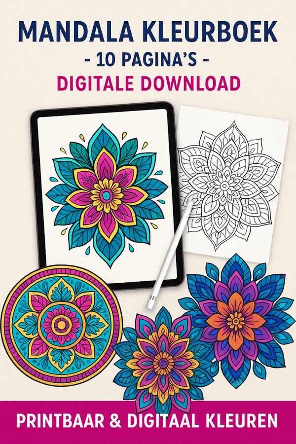 Mandala Kleurboek – 10 Unieke Pagina’s (Digitale Download, Printbaar & Digitaal Kleuren)
