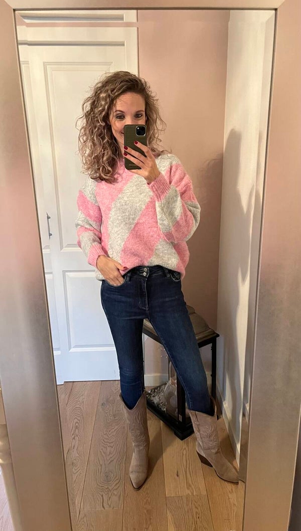 Trui streep roze/grijs