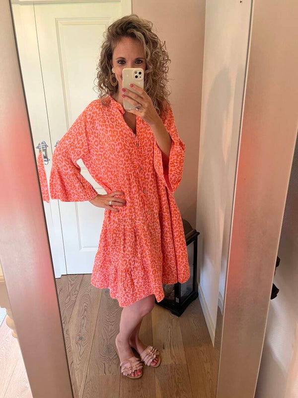 Jurk wafel oranje/roze