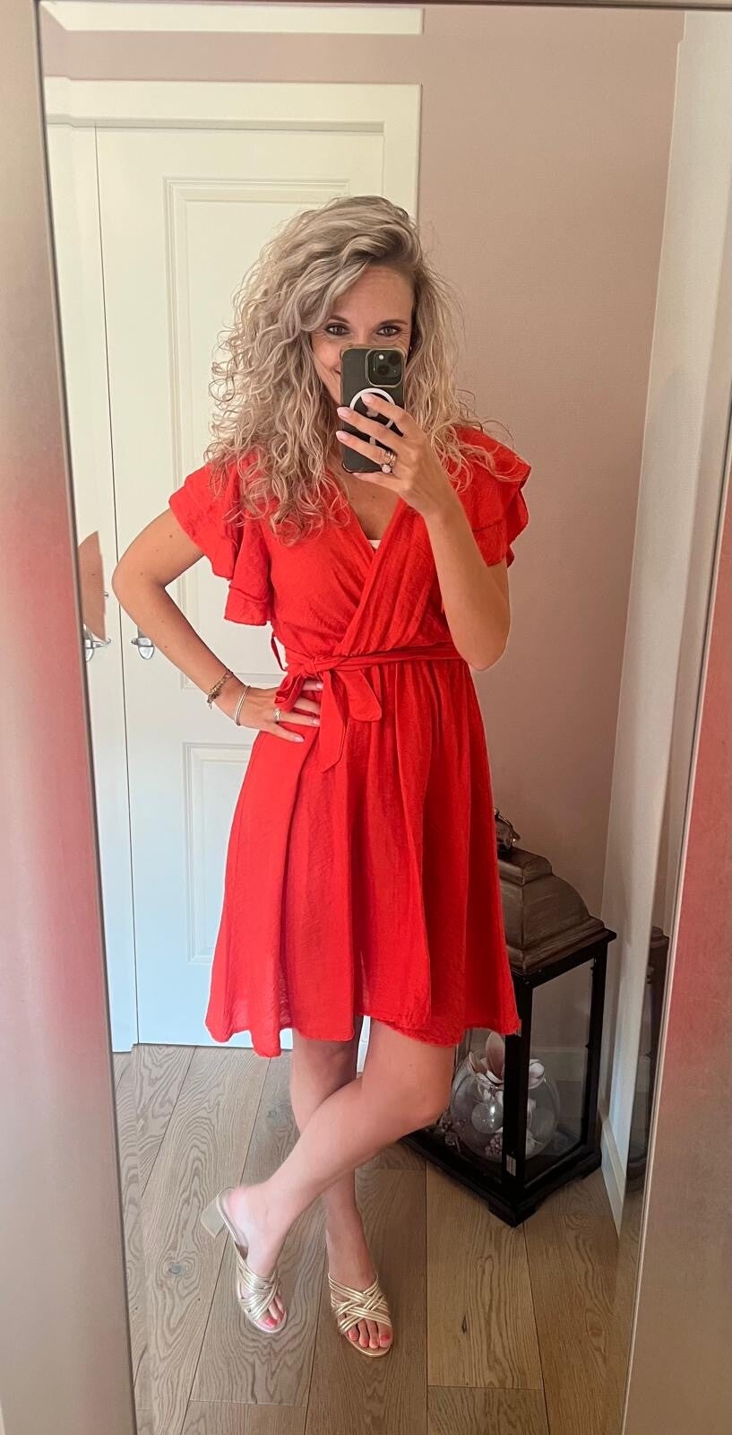 Jurk overslag kort koraal/rood