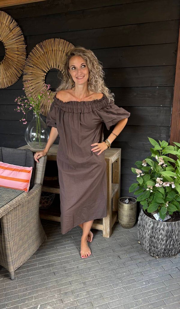 Jurk Off Shoulder lang Fleur bruin