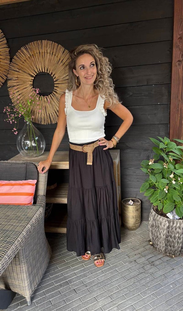 Stroken rok met riem zwart