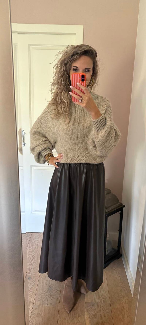 Rok leather look lang bruin