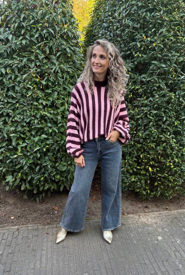 Trui 21726 Bordeaux/roze streep