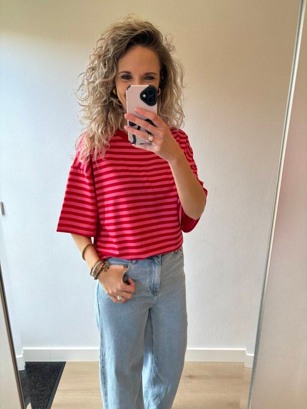 Streep top roze/rood