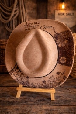 Live Like Someone left the gate open, Highland Cow Fedora Hat – Rustic & Unique