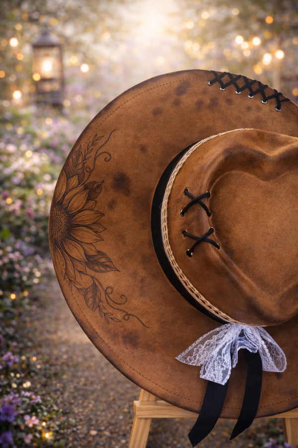 ✨ Faux Suede Heart-Shaped Fedora – Laser Etched Sunflower Design ✨