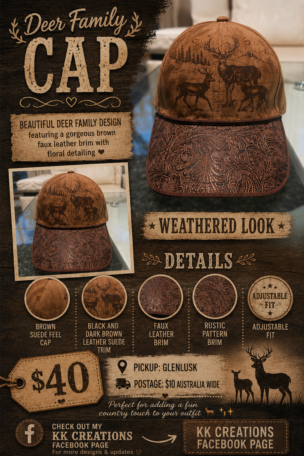 ✨ Deer Family Cap ✨  Beautiful deer family design featuring a gorgeous brown faux leather brim with stunning floral detailing — the perfect cap