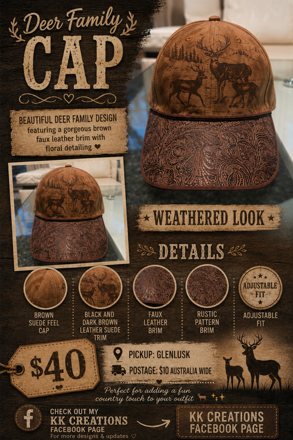 ✨ Deer Family Cap ✨  Beautiful deer family design featuring a gorgeous brown faux leather brim with stunning floral detailing — the perfect cap