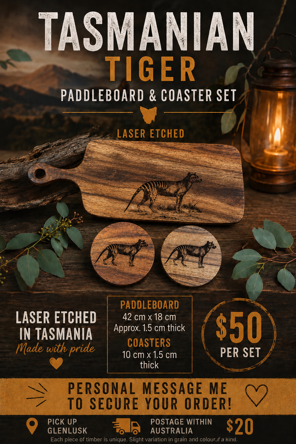 ✨ Tasmanian Tiger Paddleboard & Coaster Set ✨  Beautiful laser etched Tasmanian Tiger design on Acacia timber — perfect for entertaining, gifting, or adding a unique Australian touch to your home.  🌿 Set Includes: • 1 x Paddleboard • 2 x Matching Coaster