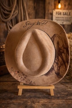 Stay Wild Fedora hat, beautiful design with horse drinking, wildflowers and butterflies.
