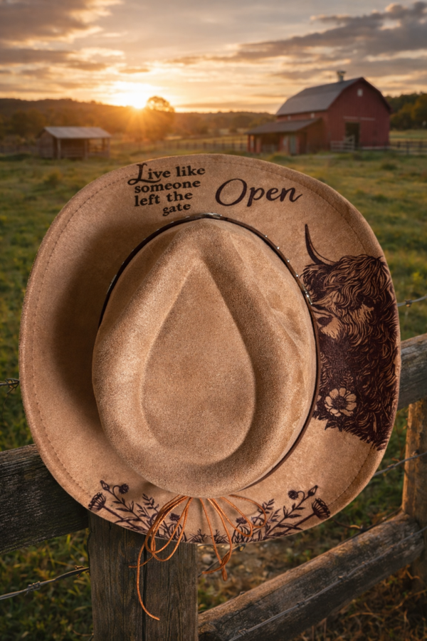Live Like Someone left the gate open, Highland Cow with wild flowers Fedora Hat
