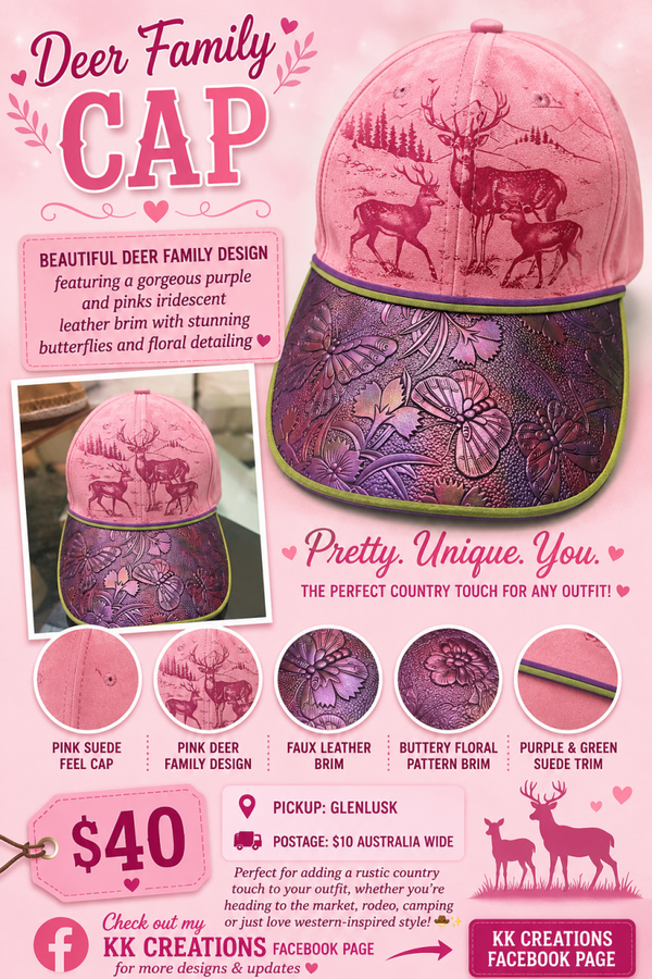 ✨ Deer Family Cap ✨  Beautiful deer family design featuring a gorgeous purple and pinks iridescent faux leather brim with stunning butterflies and floral detailing — the perfect cap for country lovers 🦌🤎