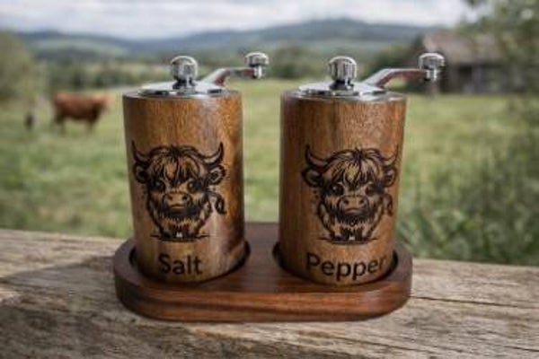 Super Cute Acacia Timber Baby Highland Cow salt and Pepper Grinders, with base.