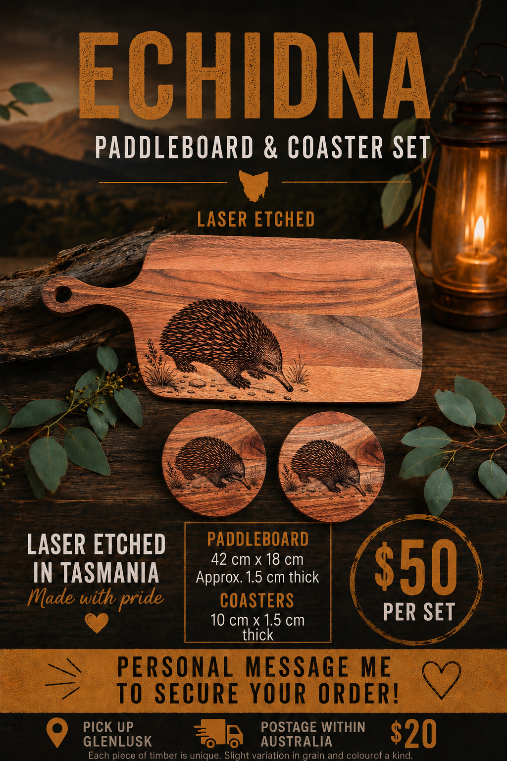 ✨ Echidna Paddleboard & Coaster Set ✨  Beautiful laser etched Echidna design on Acacia timber — perfect for entertaining, gifting, or adding a unique Australian touch to your home.  🌿 Set Includes: • 1 x Paddleboard • 2 x Matching Coasters