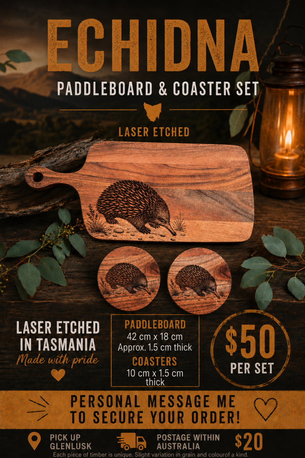 ✨ Echidna Paddleboard & Coaster Set ✨  Beautiful laser etched Echidna design on Acacia timber — perfect for entertaining, gifting, or adding a unique Australian touch to your home.  🌿 Set Includes: • 1 x Paddleboard • 2 x Matching Coasters