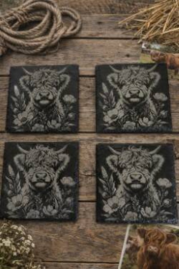 Absolutely stunning set of 4 Square slate Highland Cow coasters.