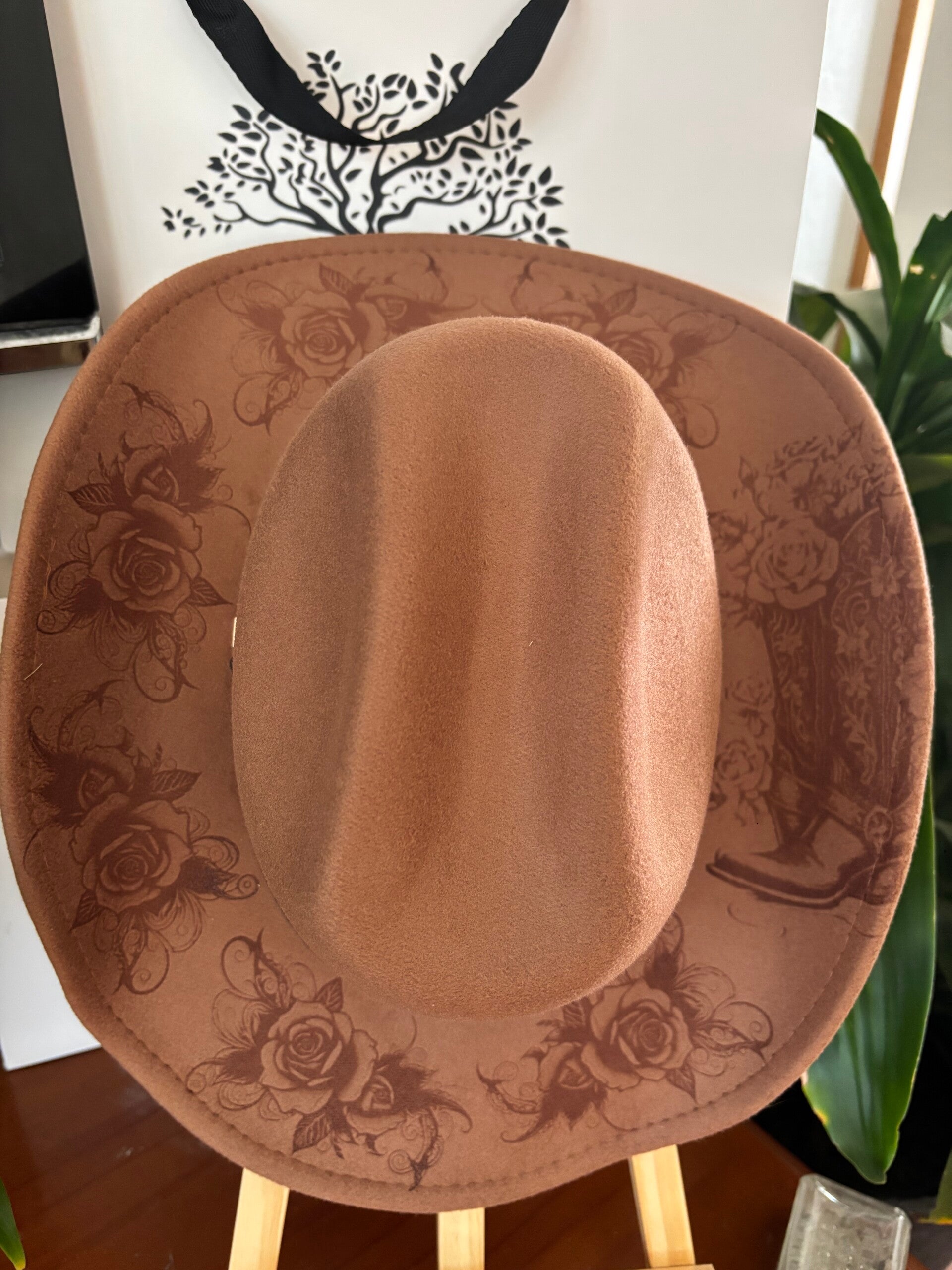 Elegant Cowgirl Boots with roses, laser etched  Rhombus Adorned Western Cowgirl hat.