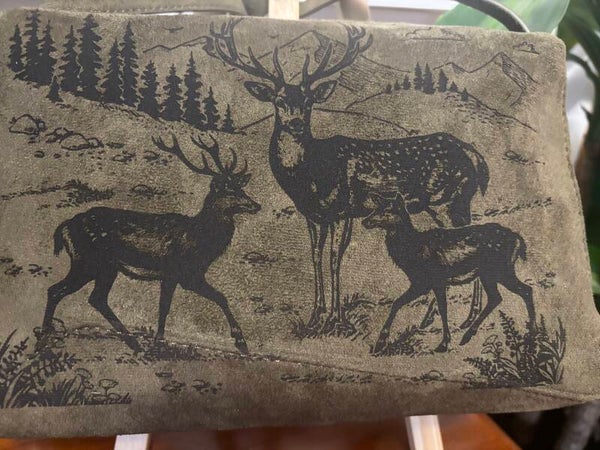 Doe and her fawns in the mountains,  dark green/brown suede style cross body bag.
