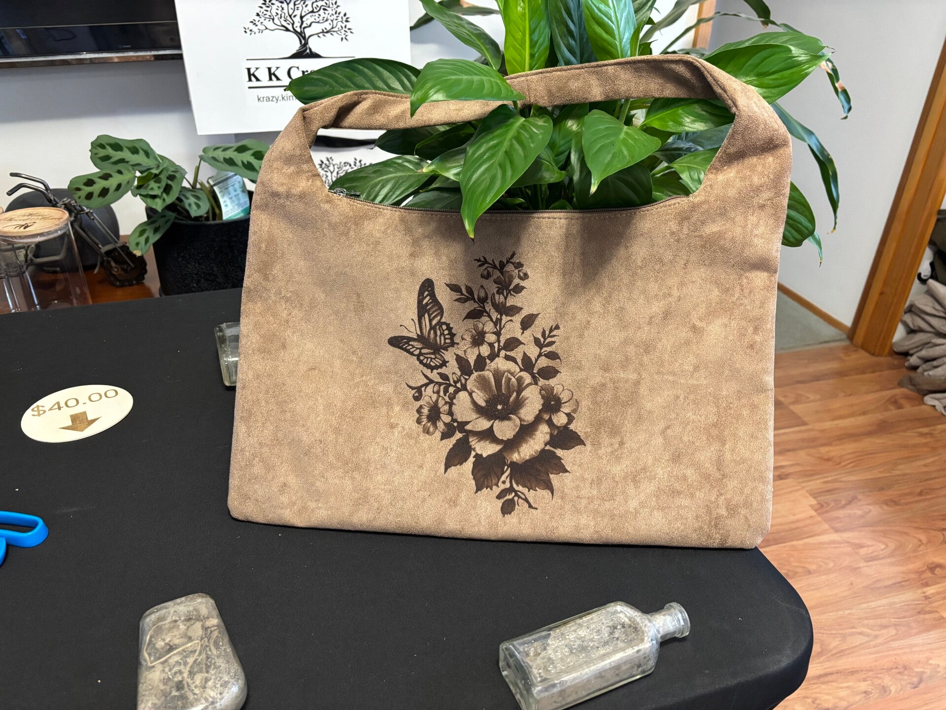 Butterfly and flowers medium size suede type shoulder bag