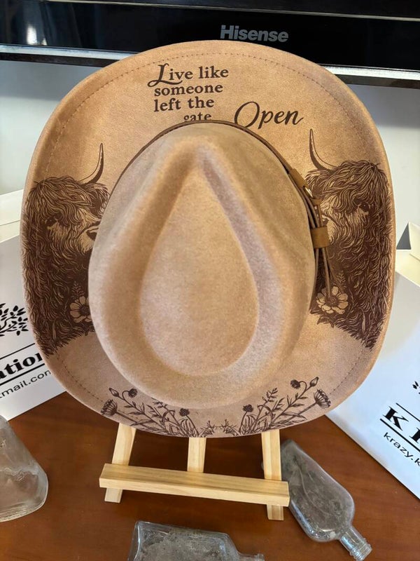 Live like someone left the gate open, laser etched fedora hat  57cm with adjustable inner band.