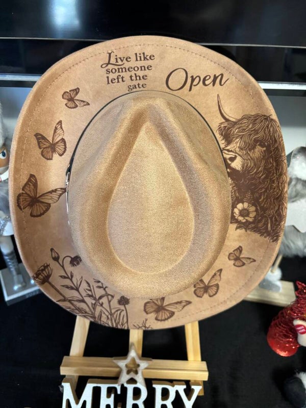 Live like someone left the gate open, Highland Cow, Butterflies and Wildflowers laser etched