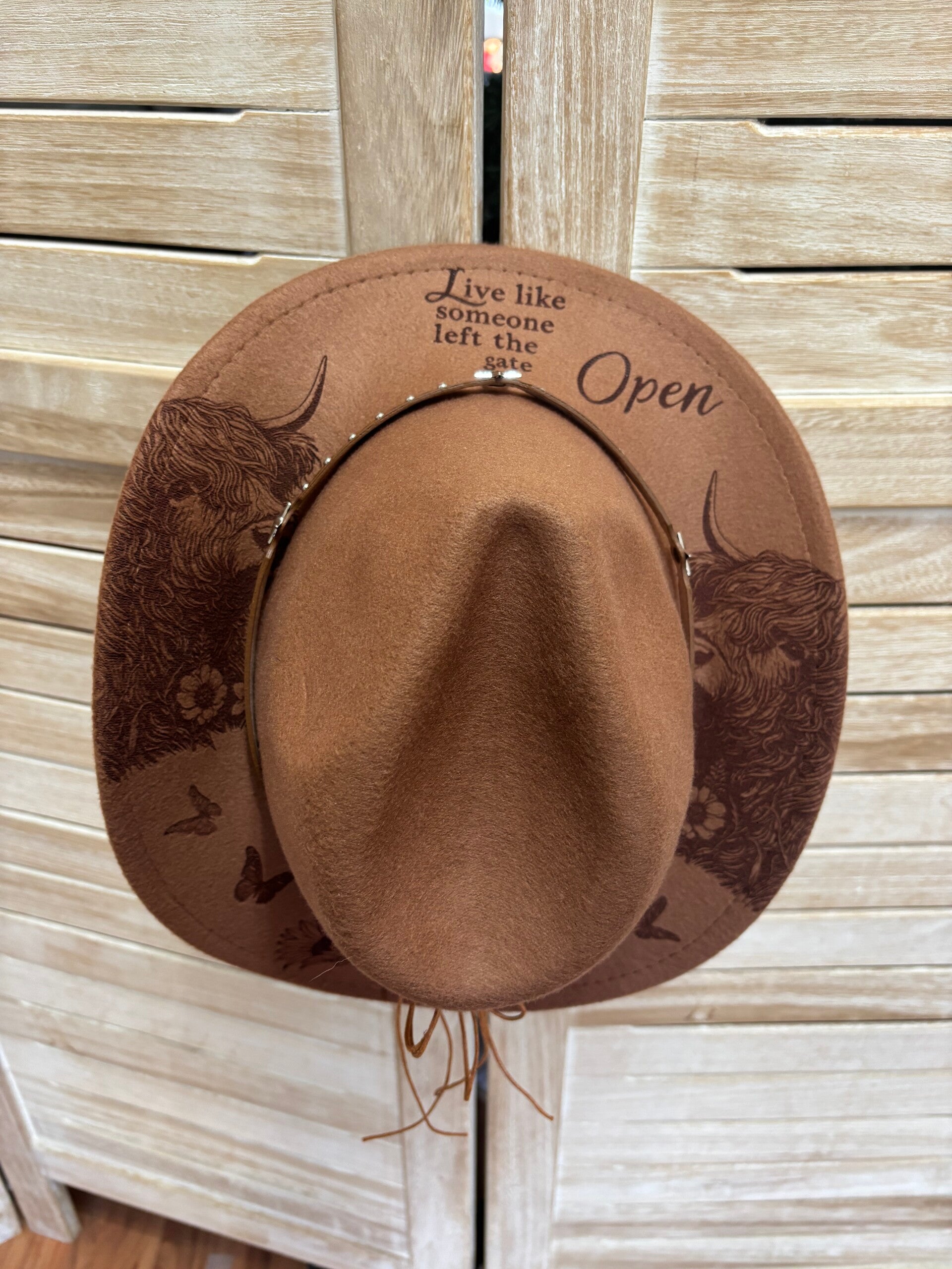 Live like someone left the gate open, Highland Cows, Butterflies and Sunflower laser etched fedora hat