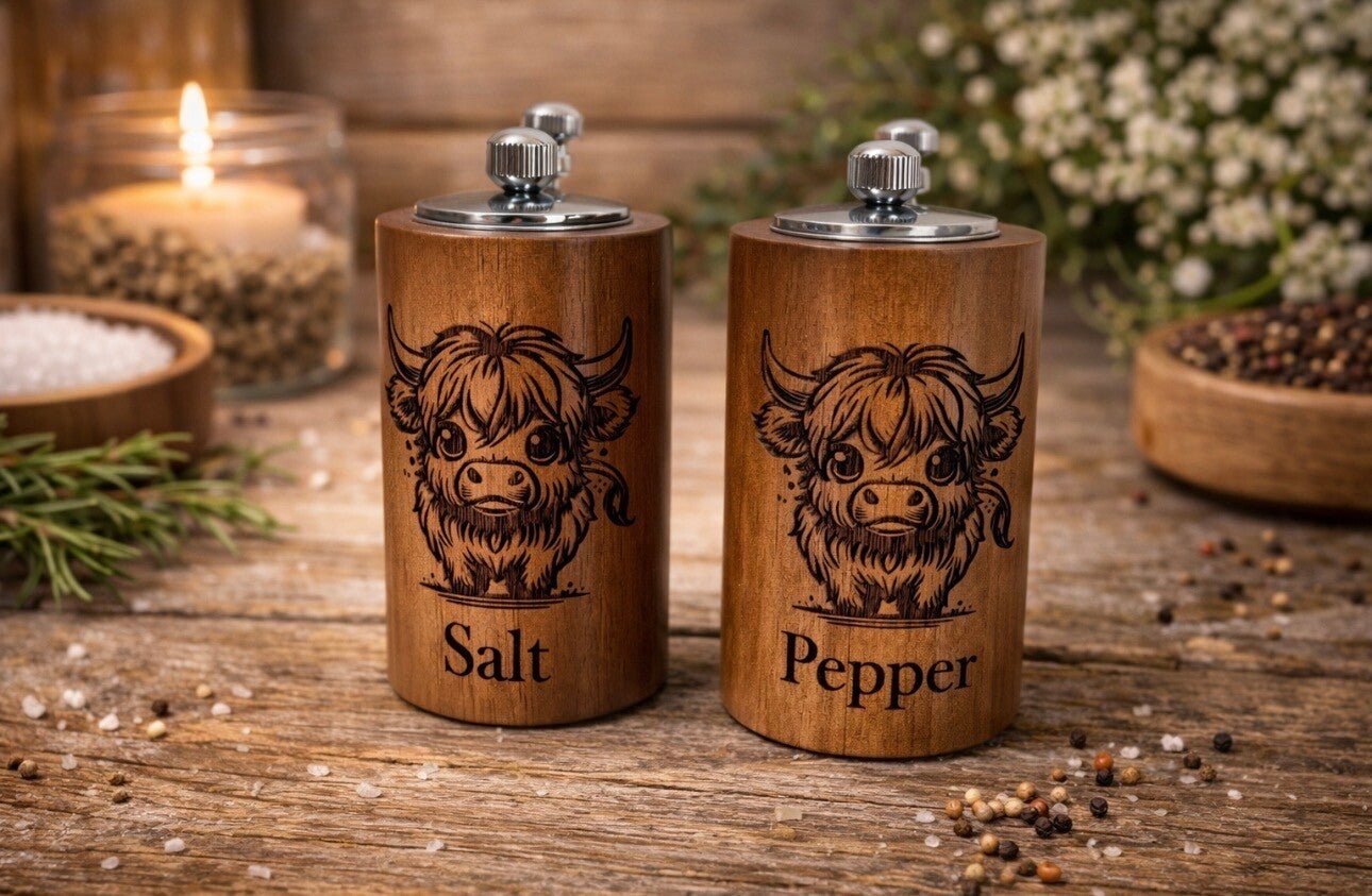 Baby Highland Cow salt and pepper grinders