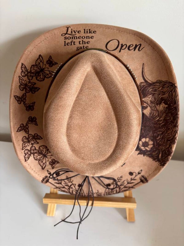 Live Like Someone left the gate open, Highland Cow with wild flowers and butterflies Fedora Hat